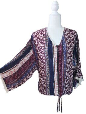 XHILARATION Boho Paisley Mixed Print Zip Front Jacket Fringe - Size Medium